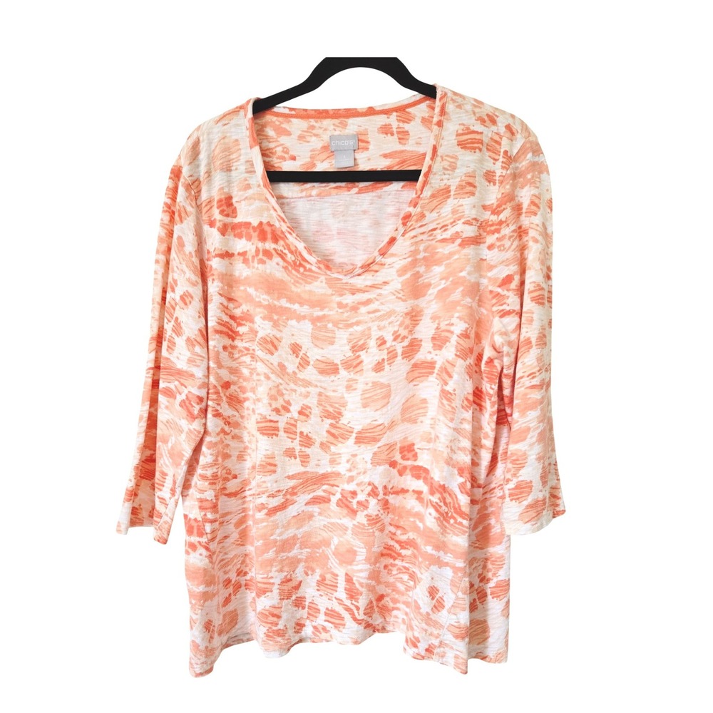 Chico's 3 Orange White Abstract Print Scoop Neck 3/4 Sleeve Top XL Cotton Tunic